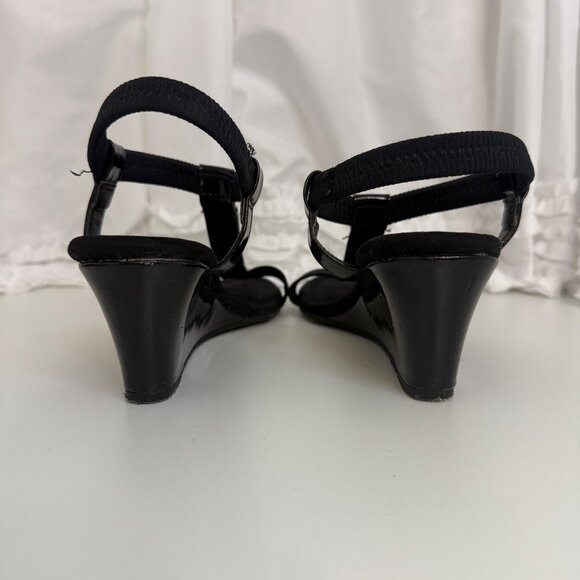 Laura Scott Black Wedge Sandals With Silver Accent & Elastic Straps Size 9 - Picture 5 of 6